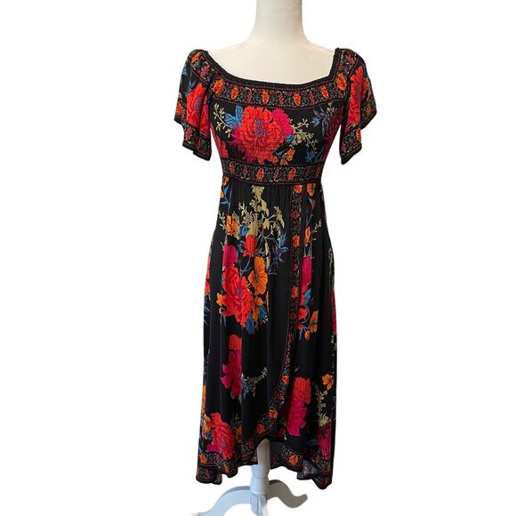 Jealous Tomato Smocked Hi-Low Midi Dress Floral Colorful On Off Shoulder Sz S - Picture 1 of 14